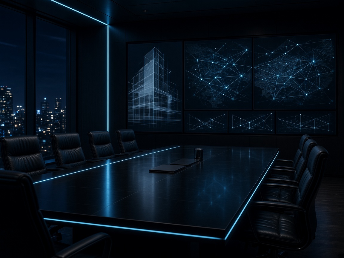 Dark strategy room with abstract architecture on the walls