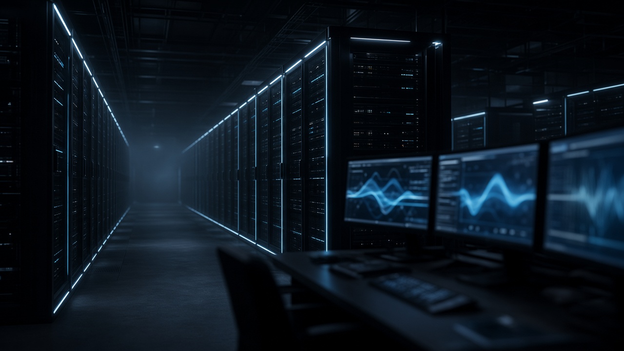 Private server hall lit by cool cyan rim light
